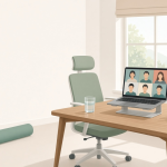 Illustration of a calm, bright home office with an ergonomic chair, a laptop on a video call, a plant and a yoga mat